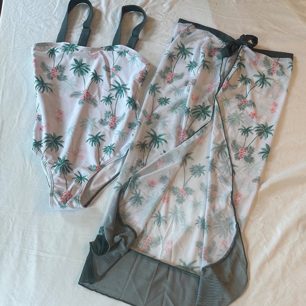 NEW Girls One Piece Swim Suit Bathing Sarong Adjustable Straps Palm Trees 9 Y